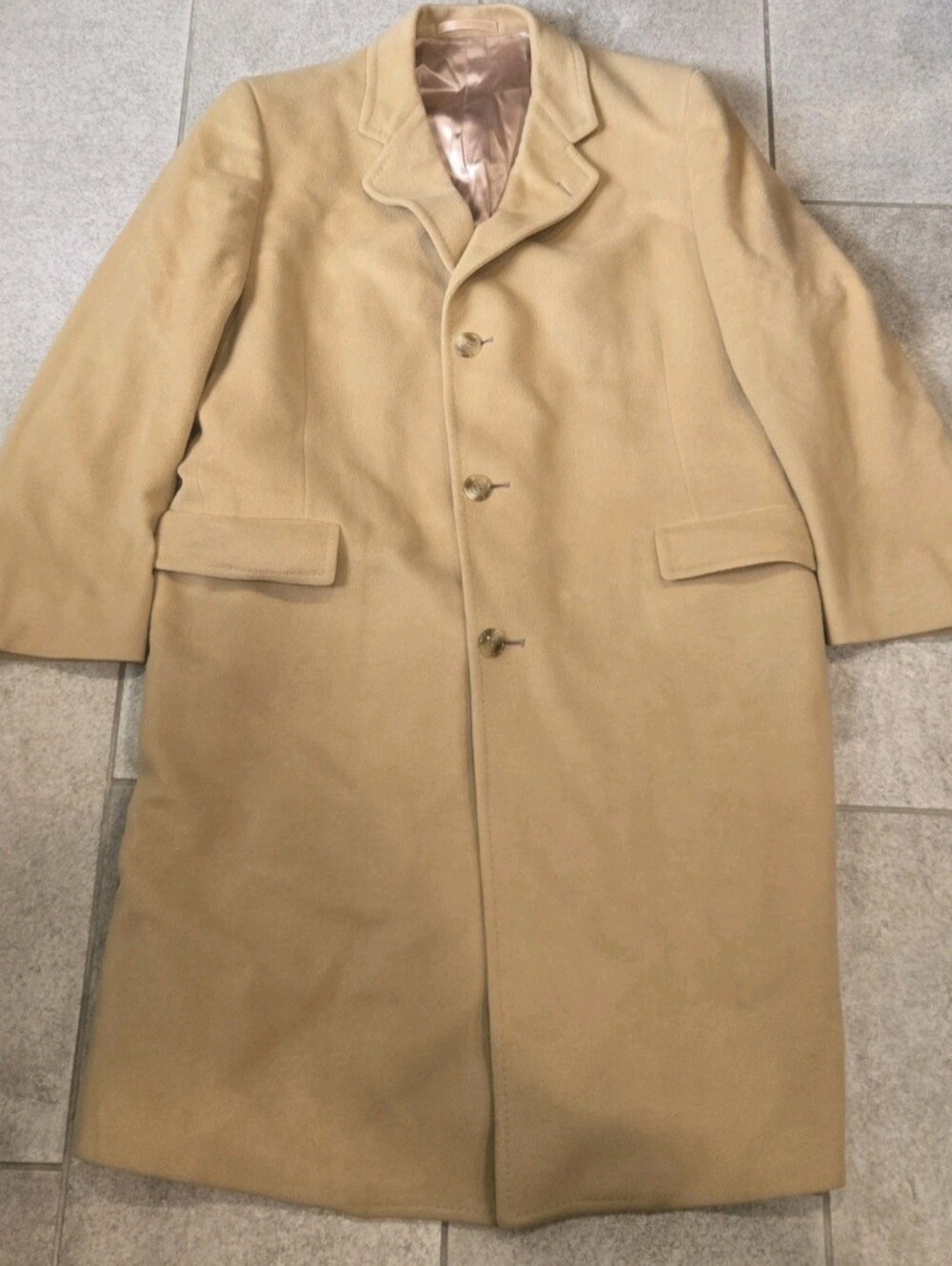 Vtg CROMBIE 100% Cashmere Overcoat Sz L Camel Tan Tailored Man SF USA Made